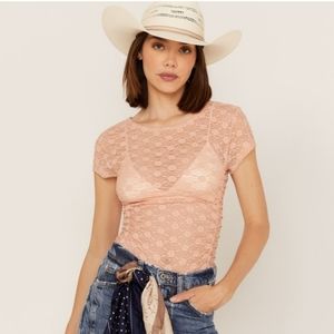 Free People Keep It Simple Coral Lace Baby Tee in Medium